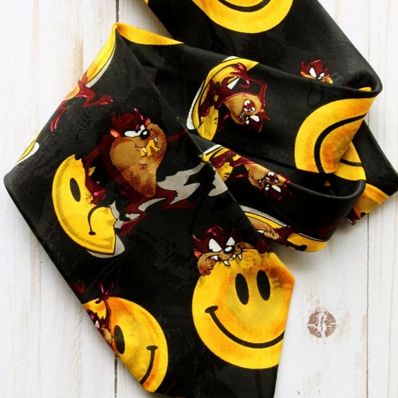 Tie Men's Emoji Smile & Tasmanian Devil 1996 Vintage Looney Tunes Novelty Smiley - Picture 2 of 8
